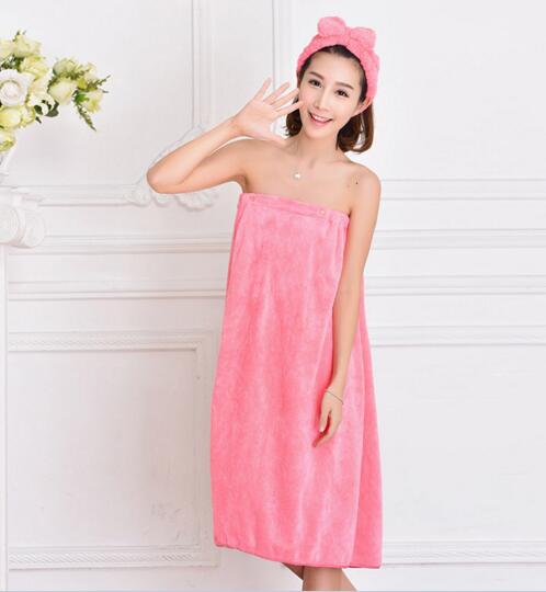 Good quality pink color coral fleece bathrobe skirt with hood or shower cap for woman
