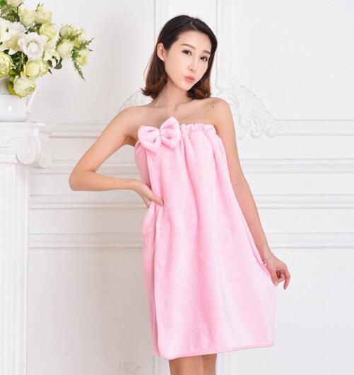 Wholesale pink color coral fleece woman bathrobe skirt with bowknot