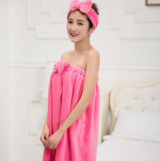 With bowknot rose color flannel bathrobe dressing robe with hoods for woman
