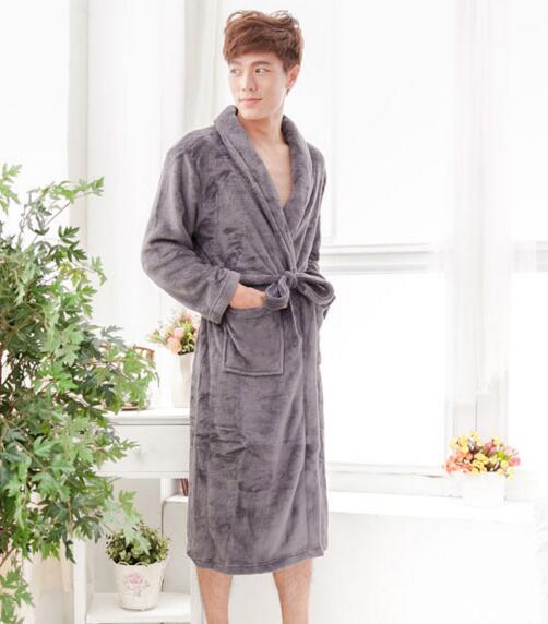 Good quality grey color coral fleece winter bathrobe for man