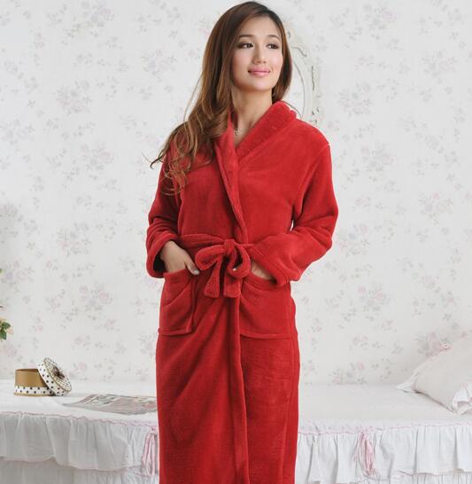 Good quality dark red color coral fleece luxury bathrobe for woman