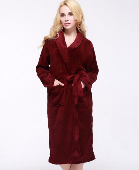 Good quality burgandy color coral fleece luxury bathrobe for woman