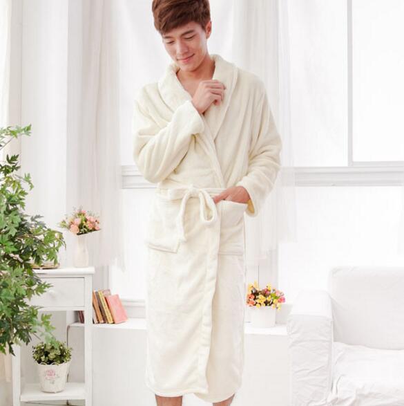 Good quality beige color coral fleece luxury bathrobe for man