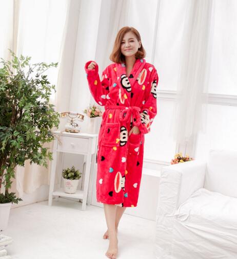 Good quality with monkey design red color flannel luxury bathrobe for woman