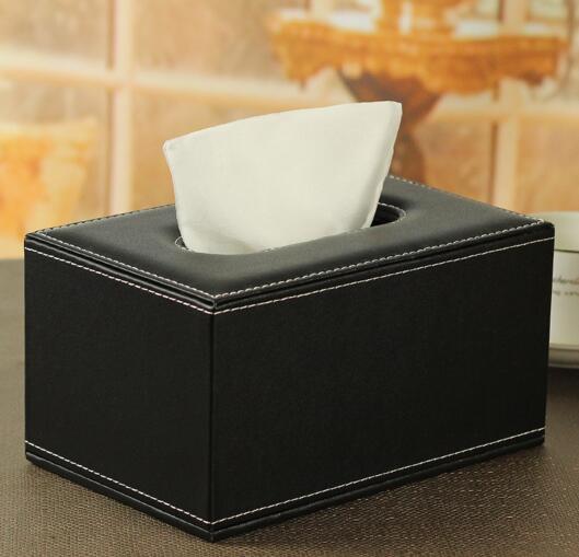 High quality emboss logo black color pu leather tissue holder or tissue box