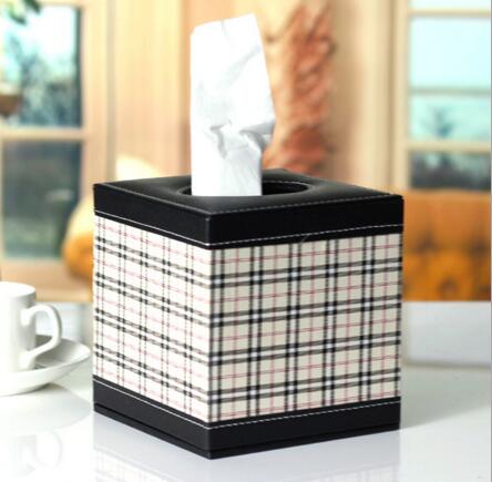 High quality square shape stripe pu leather car tissue box