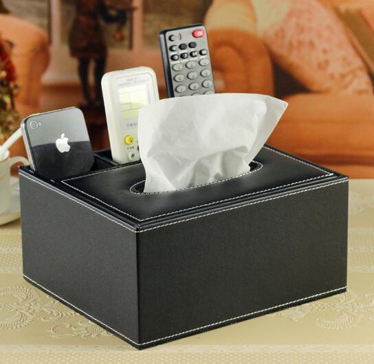 Luxury black color pu leather tv controller and  tissue storage box and desktop organizer