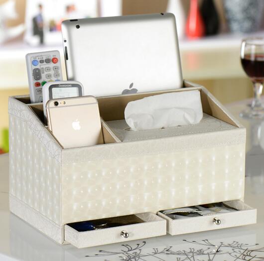 High quality white color pu leather tissue box and tv controller desktop organizer