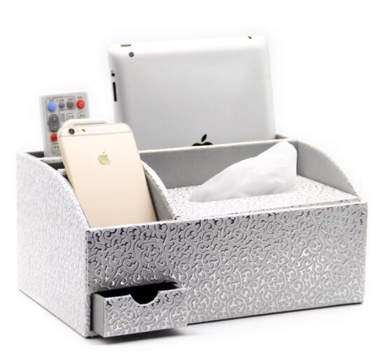 High quality silver color pu leather tissue and mobile desktop organizer