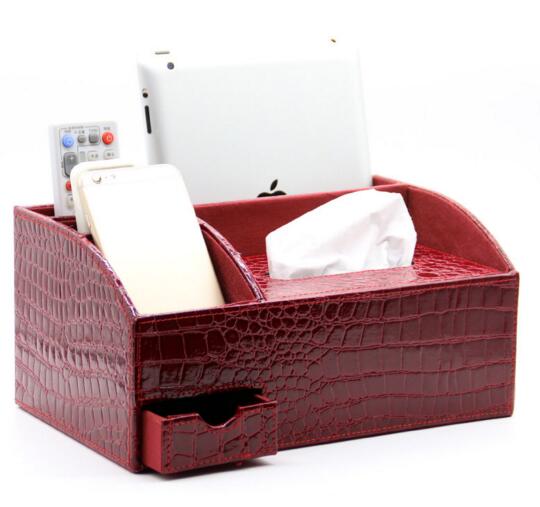 High quality red color pu leather tissue box and tv controller desktop organizer