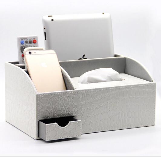 High quality grey color pu leather tv controller and mobile and tissue box desktop organizer