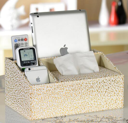 High quality gold color pu leather tissue box and tv controller desktop organizer