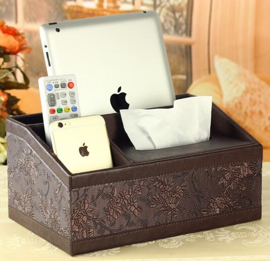 High quality brown color pu leather tissue box cover and tv controller desktop organizer