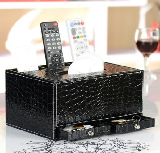 High quality black color pu tv controller and tissue and jewelry multifunction desktop organizer