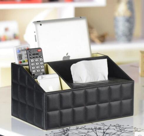 High quality black color pu leather tv controller and tissue box desktop organizer