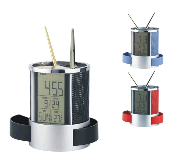 High quality office style pen holder with timer and calendar clock