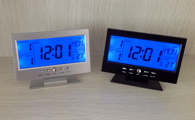 Different language calendar and lcd and show 16 styles country time and thermometer and voice control digital clock