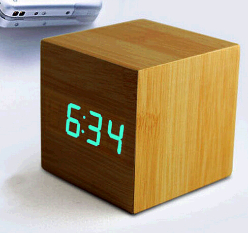 Beige color square shape voice control and thermometer function wood clock for hotel