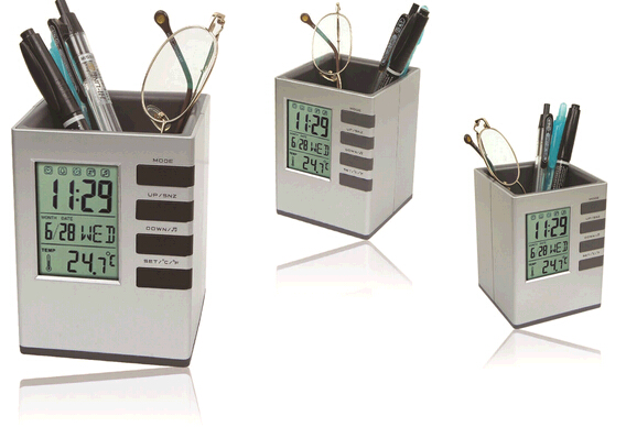 Multi-function with calendar and lcd and thermometer and pen holder digital clock