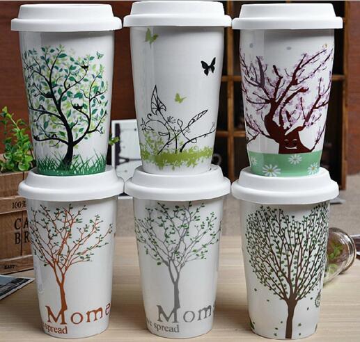 Promotional custom tree printing design starbucks coffee white color ceramic mug with lid