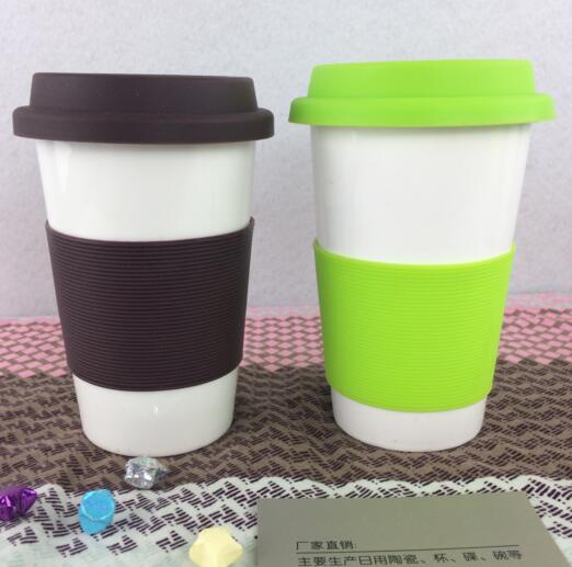 Promotional white color starbucks coffee ceramic mug with silicon lid and slicon grap