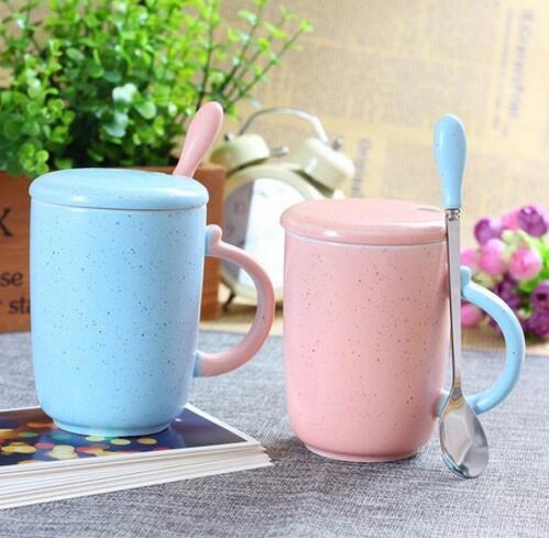 promotional pink and blue color ceramic mug with spoon