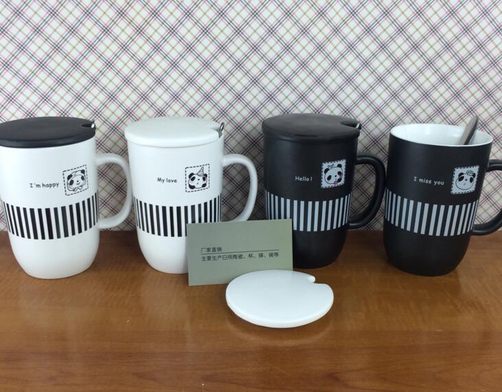 Promotioinal high quality with stripe design ceramic mug with metal spoon for gifts