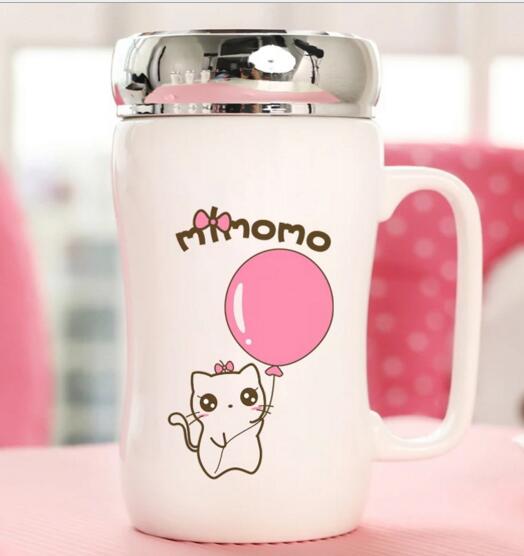 Promotional pink color ceramic mug with metal lid