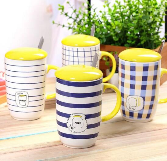 Promotional yellow color ceramic mug with spoon