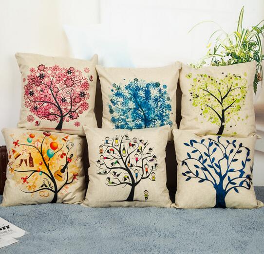 Promotional digital printing tree shape flax square pillow cover