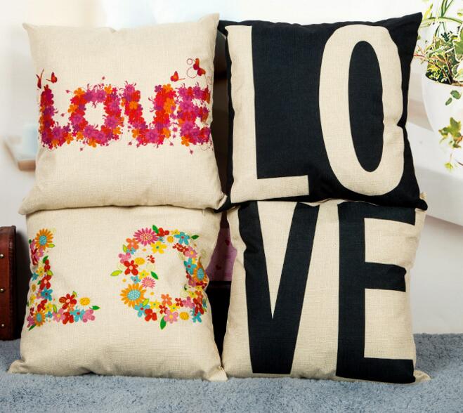 Hot sale custom logo printing love shape flax throw pillow cover