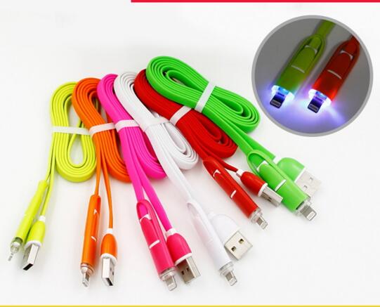 Promotional flashing light 2 in 1 micro usb cable for mobile phone