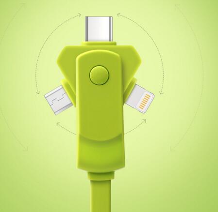 New style360 degree green color 3 in 1 folding usb cable for mobile phone