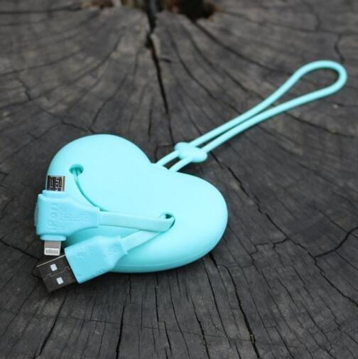 Promotional blue color heart shape 2 in 1 usb cable for mobile phone