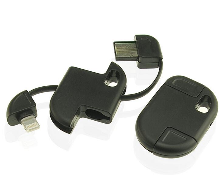 Promotional black color oval shape 2 in 1 usb cable keychain