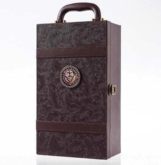 High quality brown color 2 bottle pu wine box for gift