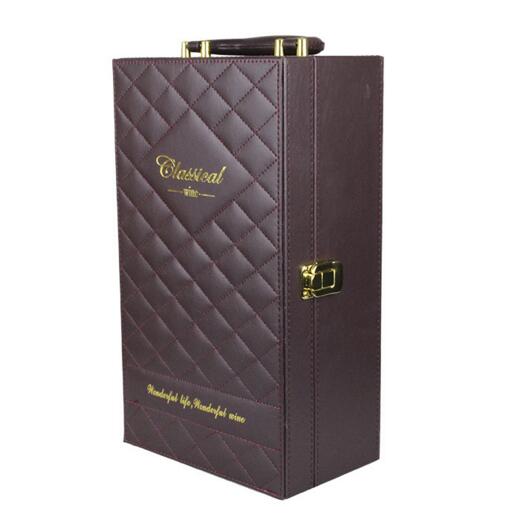 With printing gold color brown color pu wine box for 2 bottle