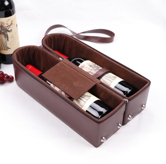 High quality custom logo brown color 2 bottle pu wine box