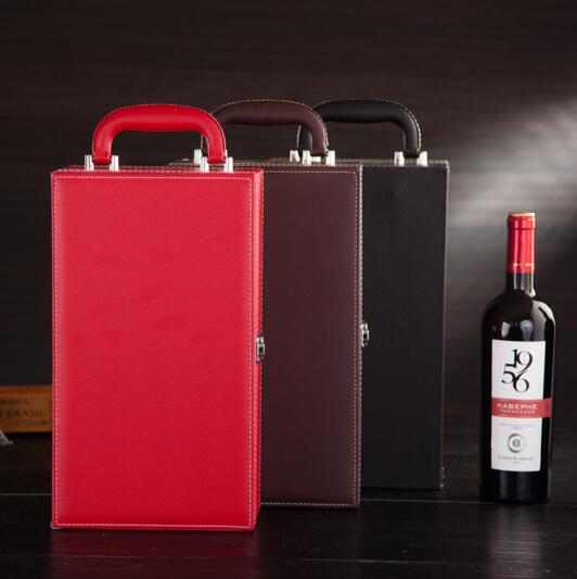 Promotional red color pu wine box for 2 wine bottle