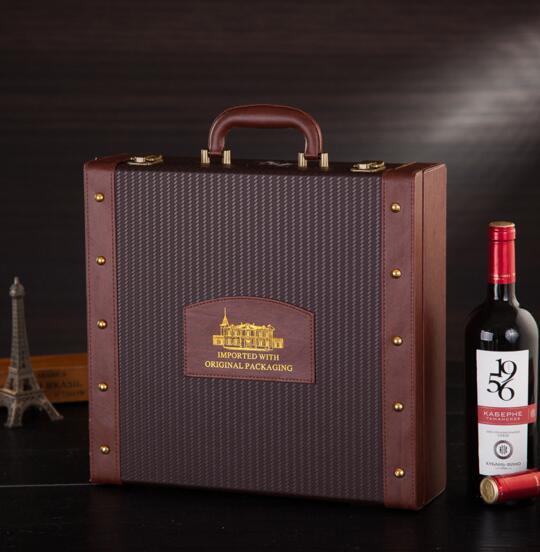Promotional brown color pu wine box for 2 wine bottle