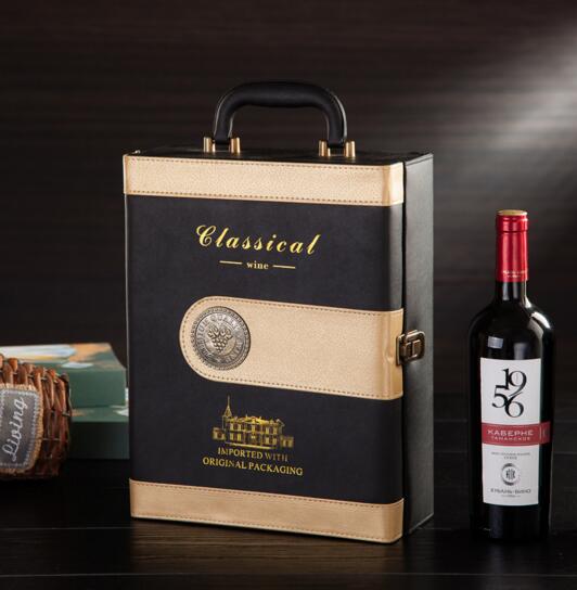 With gold stamp logo black color pu wine box for business gifts