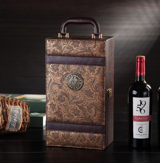 Promotional luxury brown color pu wine box for 2 bottle