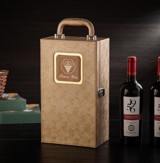 Promotional luxury style brown color pu wine box for 2 wine bottle