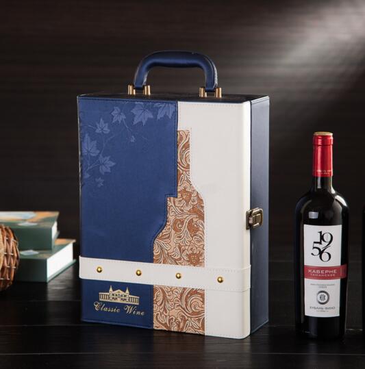Luxury style blue color pu wine box for 2 wine bottle