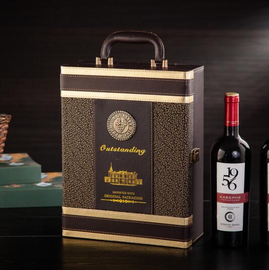 Luxury style brown color pu wine box for 2 bottle