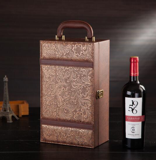 Promotional hgih quality brown color pu wine box for 2 bottle