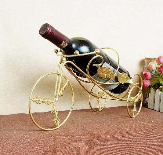 Promotional gold color tricycle red wine bottle rack or wine bottle holder