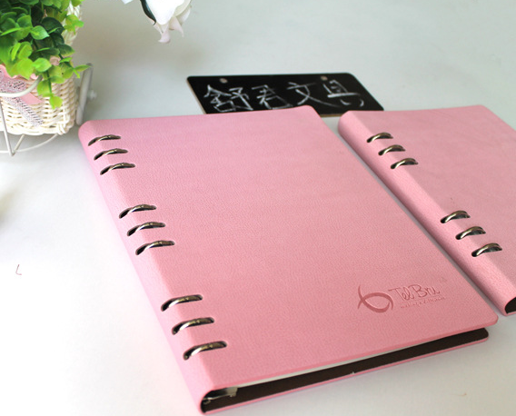 With metal circle pink color customize emboss logo pu notebook