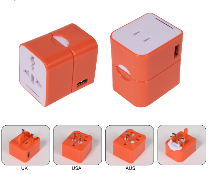 Customize logo orange color universal travel adaptor