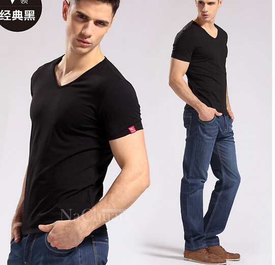 Customized logo spandex cotton v-neck t-shirt